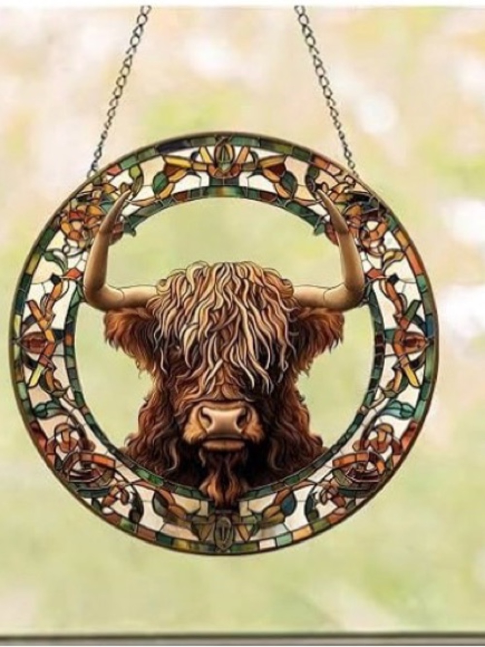 Brown Highland Cow Stained-Style Hanging Art - Decorative Home Accent